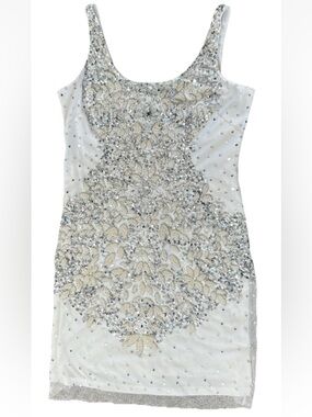 Adrianna Papell SZ 12 White Ivory Sequin Beaded Formal Short Evening Tank Dress